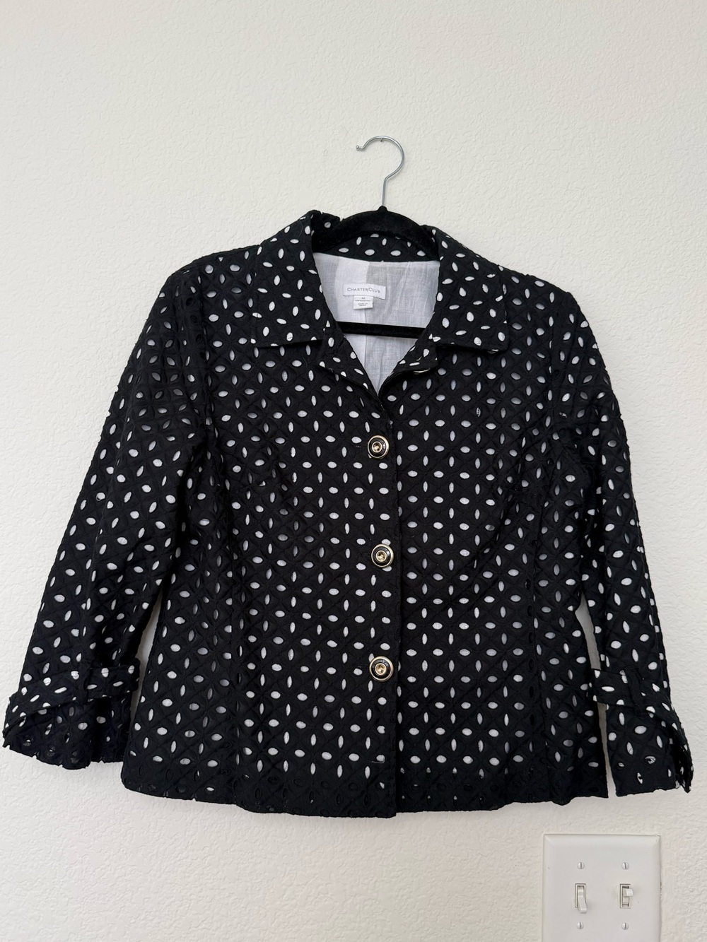 Charter Club Black Eyelet Button-Front Jacket with White Underlayer